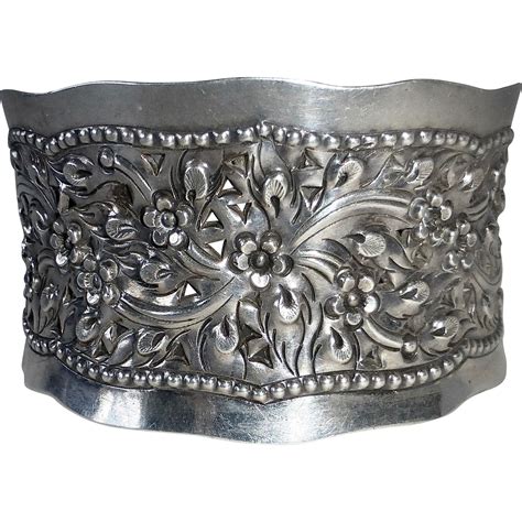 Sterling Silver Wide Cuff Bracelet Pierced And Repousse Floral Design