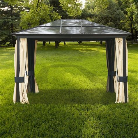 Blue 10′ x 10′ garden party canopy zipped up, the screened sides keep the mosquitoes at bay. 12'x10'Outdoor Patio Hardtop Roof Aluminum Metal Gazebo ...