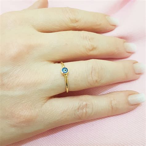 14K Real Solid Yellow Gold Evil Eye Ring For Women Turquoise Or Navy Blue