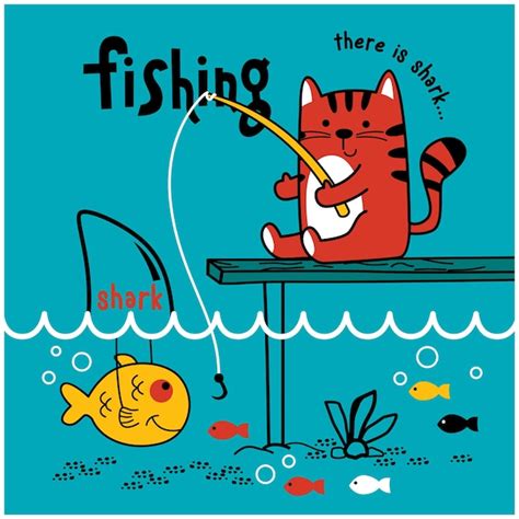 Premium Vector Cat Fishing In The Lake Funny Animal Cartoon
