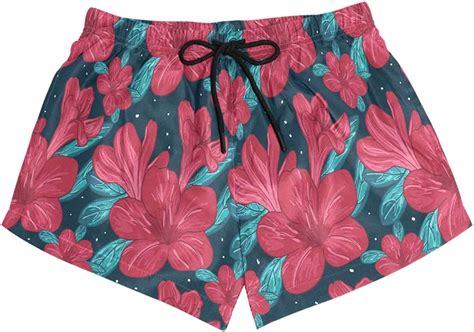 Cenhome Women Swim Trunks Red Bloomming Flowers Pattern Beach Board Shorts Amazon Ca Clothing