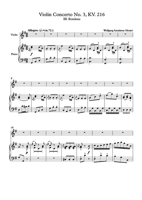 Violin Concerto No 3 In G Major Kv 216 Iii Rondeau Allegro Mozart Spartito Per Violino