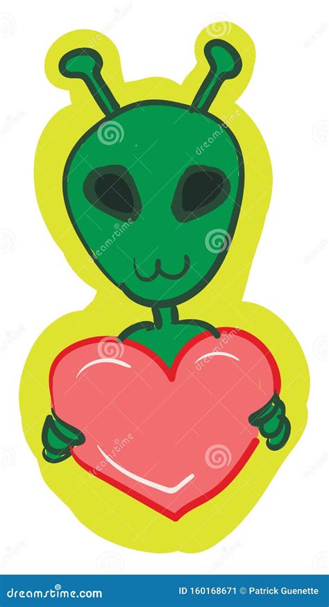 A Green Alien Holding A Heart Or Color Illustration Stock Illustration