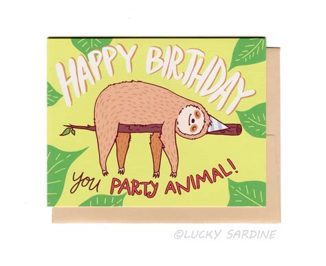 Sloth Birthday Card Party Animal Card Funny Sloth Card Sloth Lover