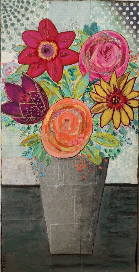 Flowers In Silver Vase Original Mixed Media Painting On Canvas 6 X 12