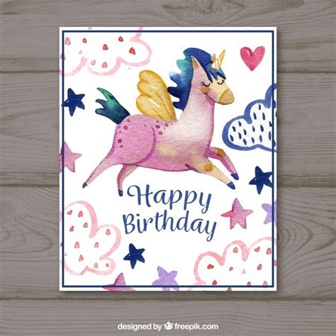 Happy Birthday Card With Watercolor Unicorn Free Vector Unicorn