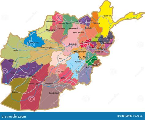 Vector Color Administrative Map Of Afghanistan With Rivers Lakes