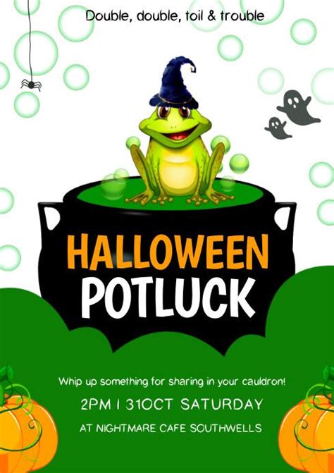 A Flyer For A Halloween Potluck Party With A Frog Sitting On Top Of A Sign