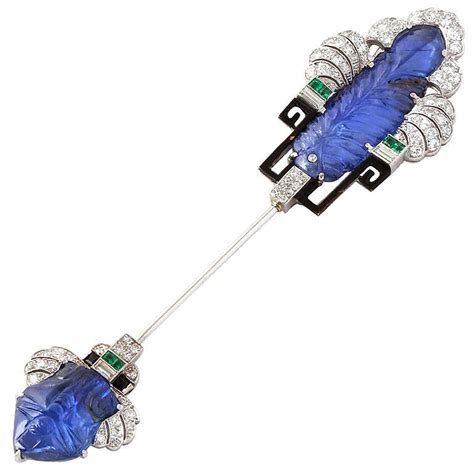 Art Deco Carved Sapphire Diamond Jabot Pin Brooch For Sale At 1stdibs