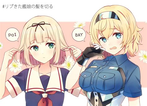 Safebooru 2girls Alternate Hairstyle Black Serafuku Blonde Hair Blue Eyes Blue Shirt Blush