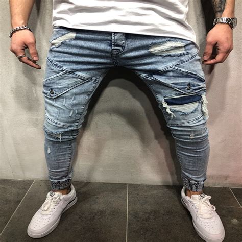 S XL Babes Mens Ripped Jeans Stretchy Skinny Slim Fit Denim Pants Destroyed Trousers Fashion