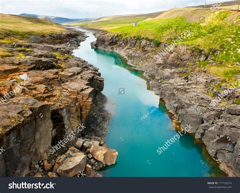 Beautiful Turquoise Glacial River Canyon Iceland Stock
