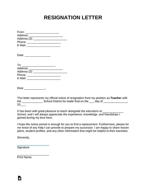 Free Teacher Resignation Letter Templates And Samples Pdf Word Eforms