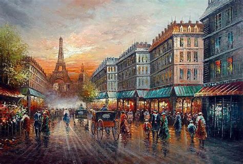 Oil Painting Landscape Paris Street Scene With Eiffel Tower Carriage