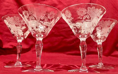 Vintage Clear Glass Cocktailmartini Glasses With Frosted White Floral Etched Pattern Set Of Four