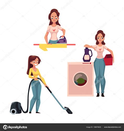 Mujer Ama De Casa Haciendo Tareas Planchado Lavado Limpieza Al Vacío