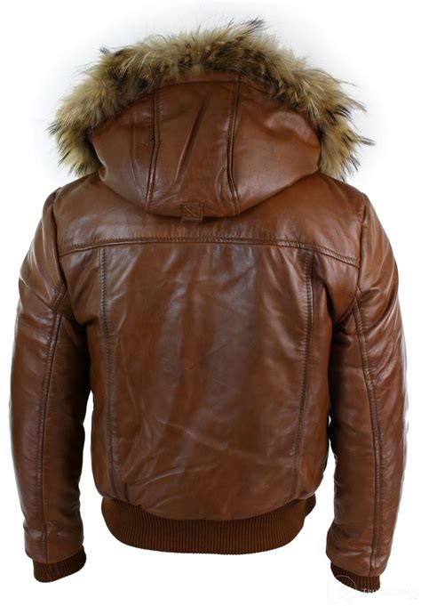 Mens Real Fur Hood Bomber Leather Jacket Black Puffer Padded-Tan ...