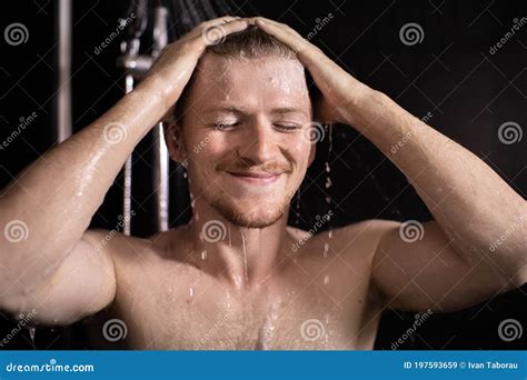 Happy Beautiful Man Taking Shower Young Smiling Guy Enjoying Showering