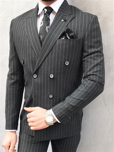 Buy Dark Gray Slim Fit Double Breasted Pinstripe Suit Bespokedailyshop