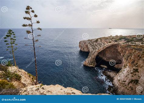 Natural Stone Arch And Sea Caves At Blue Grotto Malta Stock Photo