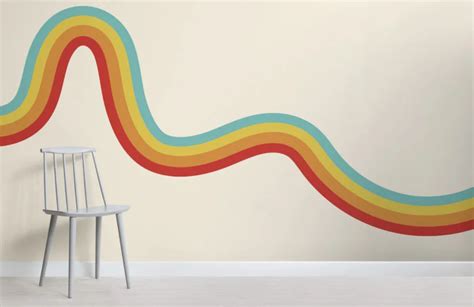 70 S Rainbow Wave Retro Wallpaper Mural Geometric Stripe Wallpaper Floral Pattern Wallpaper