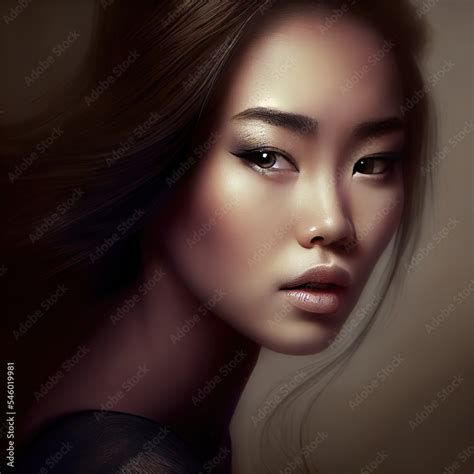 gorgeous asian woman photorealistic illustrated portrait generated by ai deep shadows