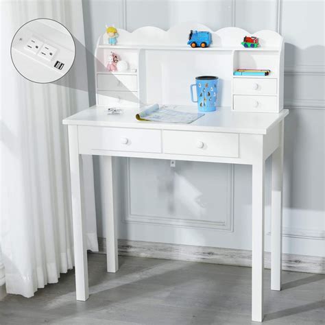 Adorneve Small White Writing Desk With Hutch And Usb Ports