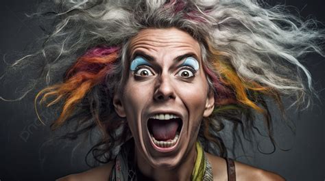 Crazy Woman With Colorful Messy Hair Holding Mouth Wide Open Background