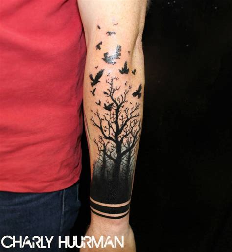 Trees And Birds Tattoo Done By Charles Huurman Tree Sleeve Tattoo