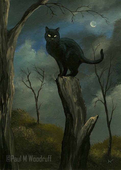 aceo print black cat halloween night moon spooky art card by paul m woodruff black cat art