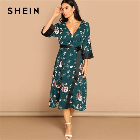 Shein Green Contrast Cuff And Belt Floral Wrap Dress Casual V Neck Half