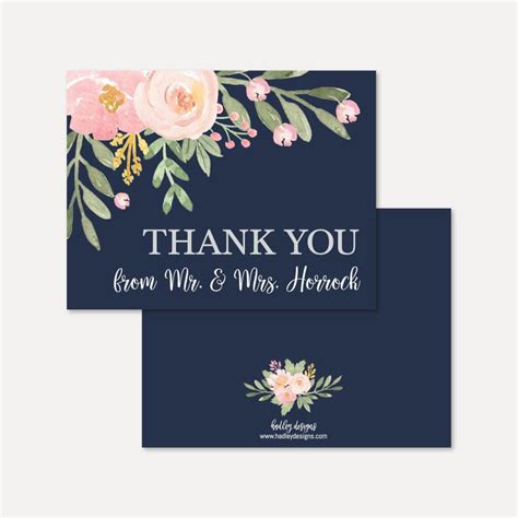 Printable Navy And Blush Floral Wedding Thank You Card Template