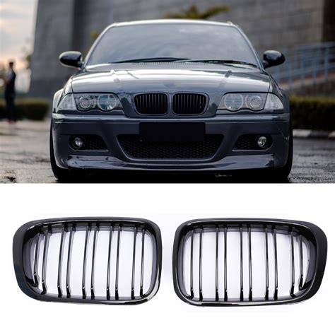 Gloss Black Double Rims Kidney Grille Grill For Bmw E46 4d 3 Series