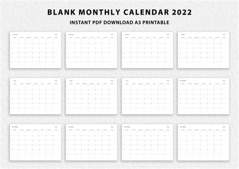 Blank Monthly Calendar 2022 Landscape A3 Printable Year Etsy