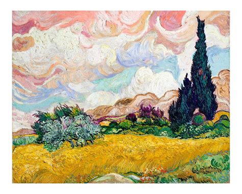 Pastel Wheat Field With Cypresses Vintage Illustration Remix From