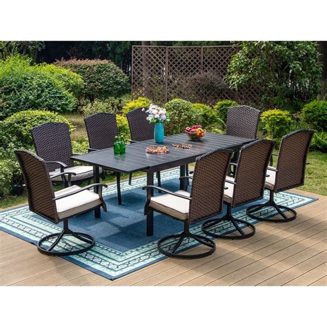 Phi Villa Black 9 Piece Metal Patio Outdoor Dining Set With Extendable Table And Rattan Chairs