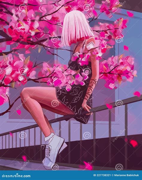 Anime Girl With Pink Hair With A Tattoo In A Dress And Sneakers Sits