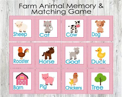 Pink Farm Animal Matching And Memory Game Printable Game For