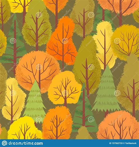 Seamless Autumn Forest Trees Pattern Colorful Forest Tree Outdoor