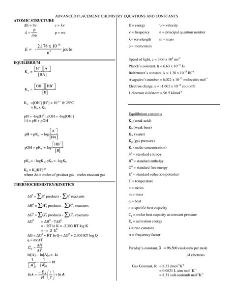 Ap Chemistry Equations Sheetpdf Docsity