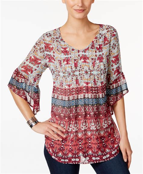 Style And Co Petite Printed Pintucked Blouse Only At Macys Blouse