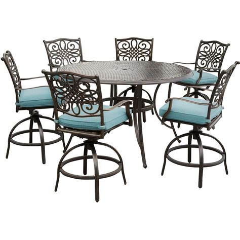 Consider a dining set with four chairs, like the contemporary andaz sets with aluminum frames and wooden. Hanover Traditions 7-Piece Outdoor Bar-Height Dining Set ...