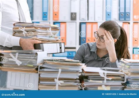 Young Secretary Overwhelmed By Work Stock Photo Image Of Overwhelmed