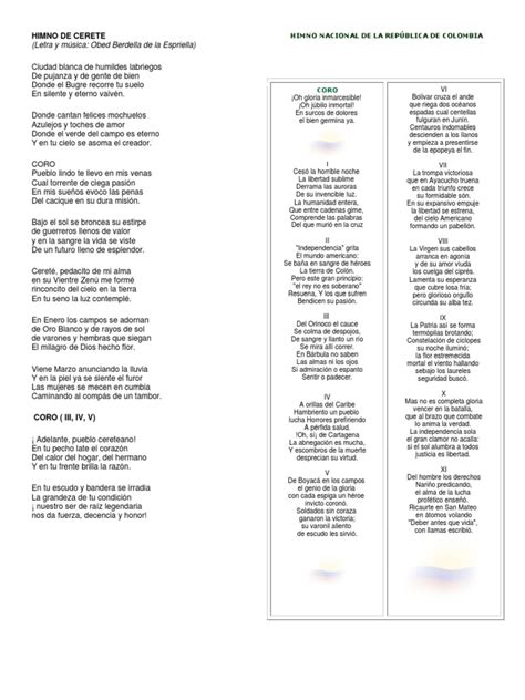 Himnos De Cerete Cordoba Y Colombia