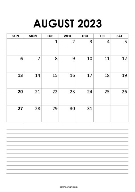 Free Printable August 2023 Calendars Calendarkart