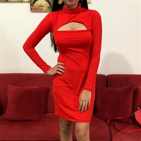 Hot Red Turtleneck Tight Short Dress With Sleeves Sexy