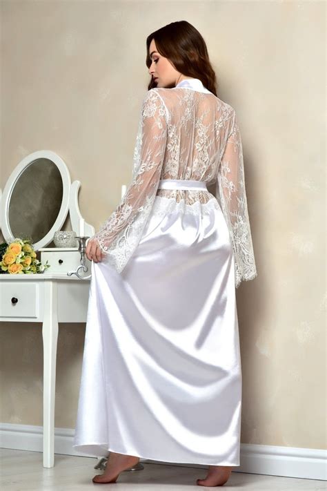 Long White Bridal Robe Satin Lace Back Dressing Gown Bridal Shower Gift For Babe Kimono Bride