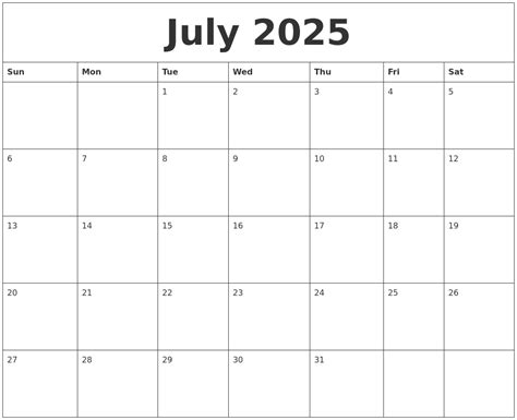 July 2025 Calendar Free Printable