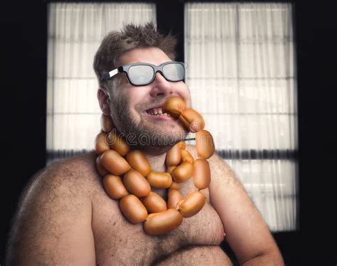 Man With Sausages On His Neck Stock Image Image Of Overweight Diet