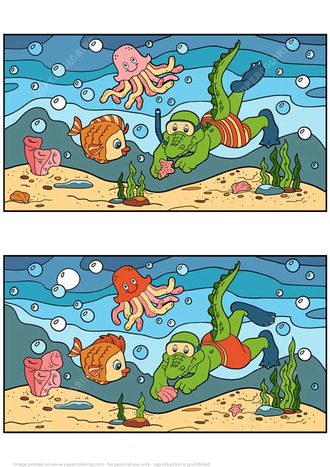 Find 15 Differences Game With A Crocodile Diver And Ocean